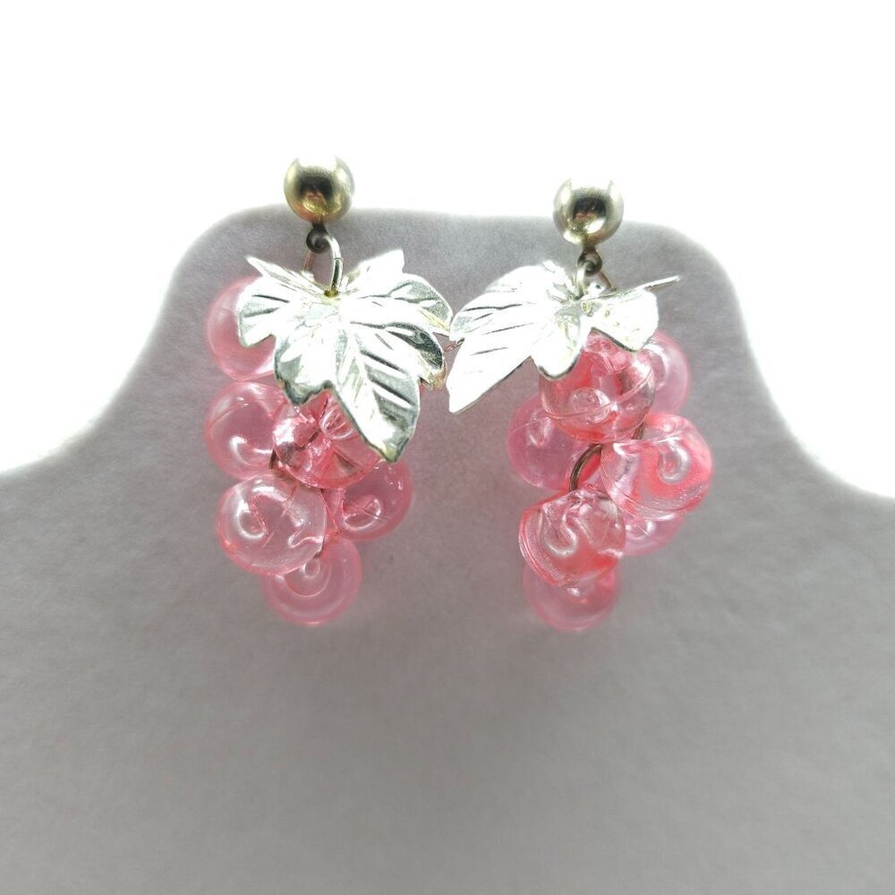 Vintage Silver Tone Grape Cluster Earrings With Pink Acrylic Beads